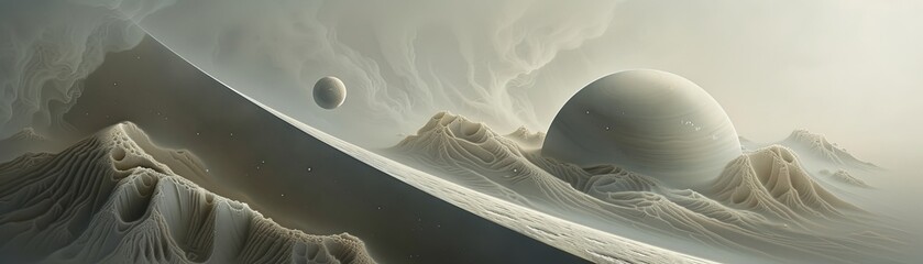 Leinwandbilder Khaki A misty, alien landscape with a large, round planet in the distance.  © Aris Suwanmalee