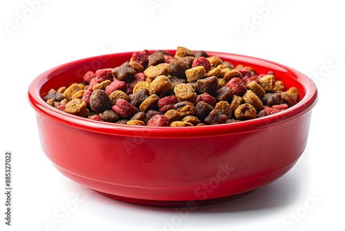 Colorful Dry Pet Food in a Red Bowl