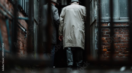 Two elderly men wearing coats and hats are seen walking down an alley in an urban setting, with brick walls and metal bars creating a sense of nostalgia and companionship. photo