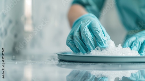 A person wearing protective gloves washing a white dish with soap foam, emphasizing cleanliness, hygiene, and the routine of domestic chores in a bright kitchen setting.