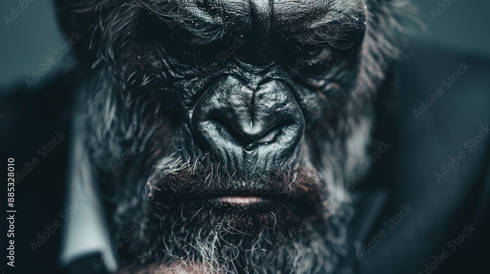 Fototapeta premium A striking photo of a gorilla in a suit, appearing deep in thought and contemplation, which contrasts its wild nature with a sophisticated human-like appearance.
