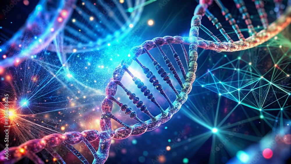 Vibrant coloured background features a stunning 3D rendered digital illustration of human DNA structure, showcasing spiral polygonal code of genetic information in futuristic AI generated art. Vibrant coloured background features a stunning 3D rendered digital illustration of human DNA structure, showcasing spiral polygonal code of genetic information in futuristic AI generated art.