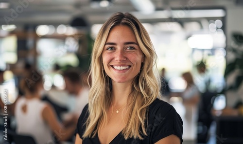 Female business manager, leader or CEO with a smile and mission, with her team at the ready in the background. Leadership, management and success with a woman boss.