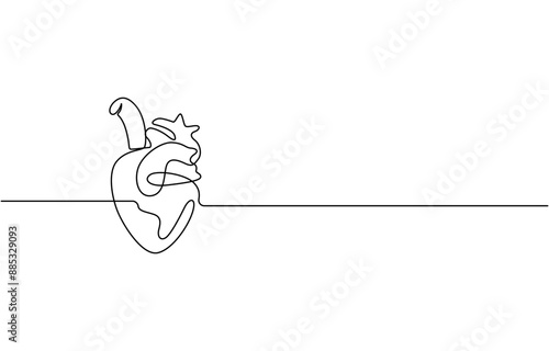 One continuous line drawing of anatomical human heart organ. Medical internal anatomy concept. Modern single line draw trendy design vector illustration, one continuous line art of medical heart.