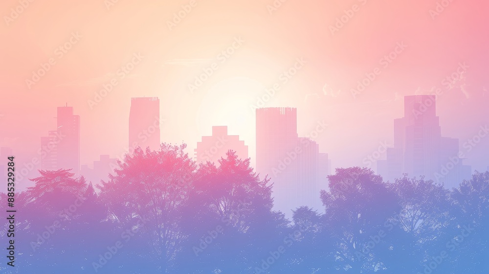 A delicate pastel gradient sunrise depicting the silhouette of an eco-city AI generated illustration A delicate pastel gradient sunrise depicting the silhouette of an eco-city AI generated illustration
