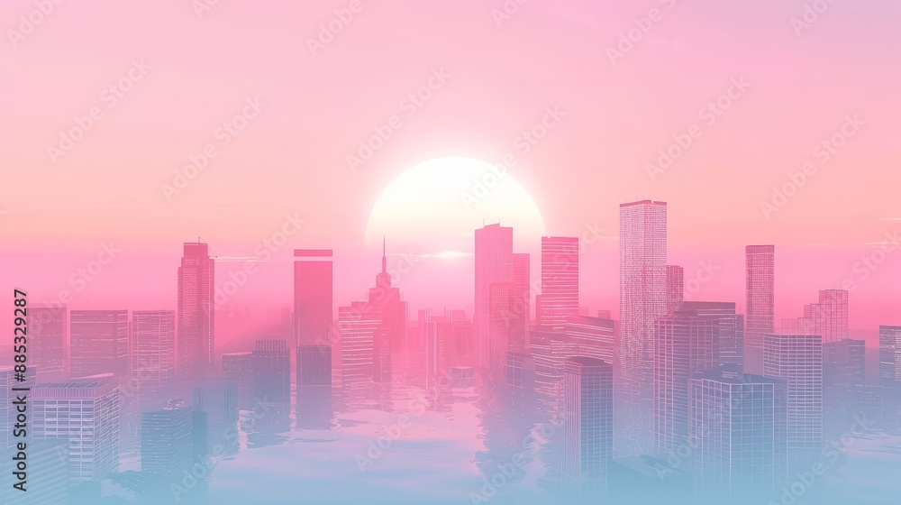 Fototapeta premium A delicate pastel gradient sunrise depicting the silhouette of an eco-city AI generated illustration