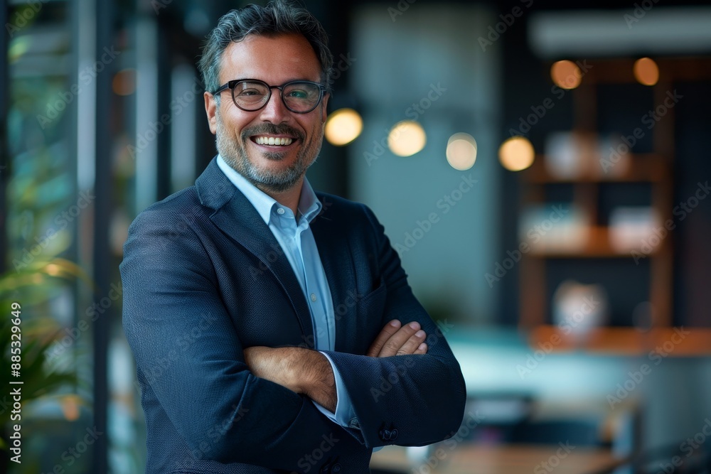 Fototapeta premium An office worker with crossed arms working inside of a modern office building is photographing a successful mature boss wearing glasses and a business suit.