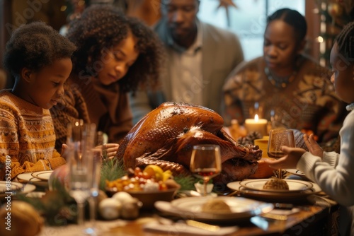 A black extended family says grace during Thanksgiving dinner. photo