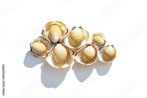 Yellow cockleshells close up isolated on white photo