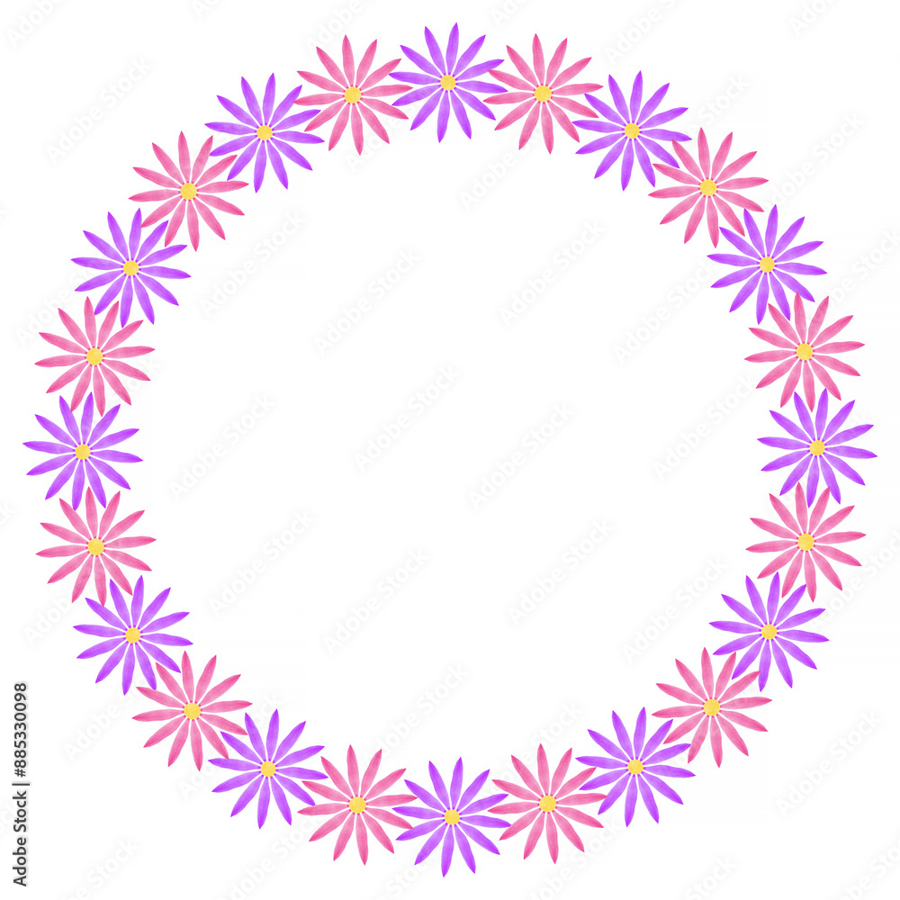 round frame made of purple and violet flowers against white round frame made of purple and violet flowers against white