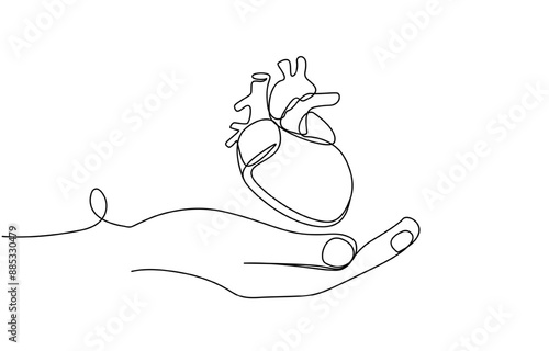 Single continuous line art anatomical human heart with hand silhouette. Healthy medicine concept design one sketch outline drawing vector illustration, One continuous line drawing of anatomical.