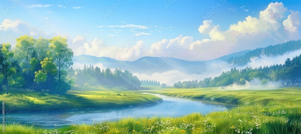 Peaceful River Winding Through a Misty Valley Peaceful River Winding Through a Misty Valley