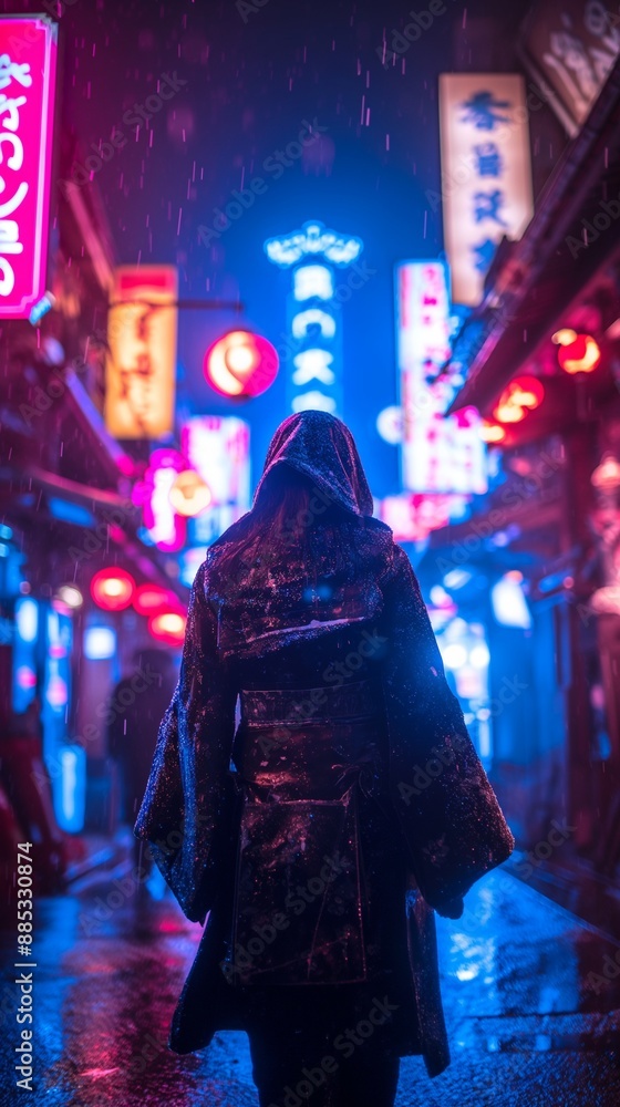 a person in a futuristic samurai outfit, seen from behind, standing in a neon-lit cyberpunk city a person in a futuristic samurai outfit, seen from behind, standing in a neon-lit cyberpunk city