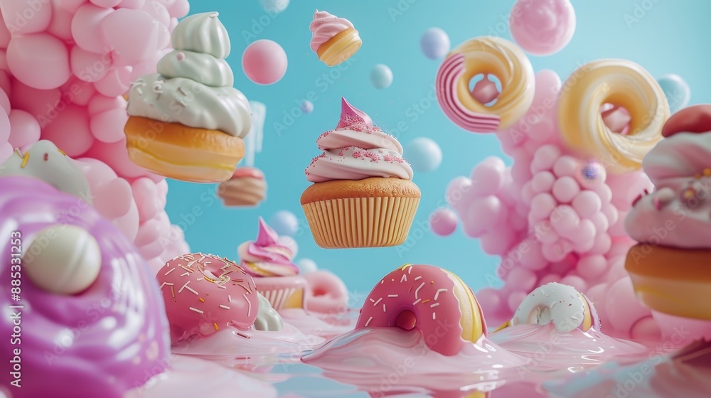 A dreamy land of floating 3D cupcakes and doughnuts AI generated illustration A dreamy land of floating 3D cupcakes and doughnuts AI generated illustration