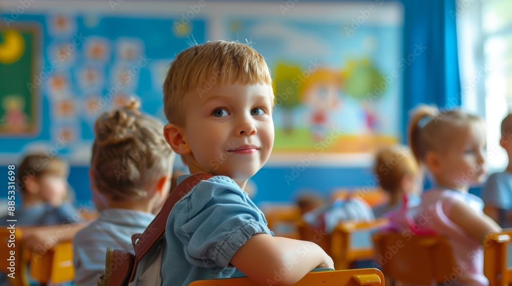 Little Boy Looking Back in Classroom. Little Boy Looking Back in Classroom.