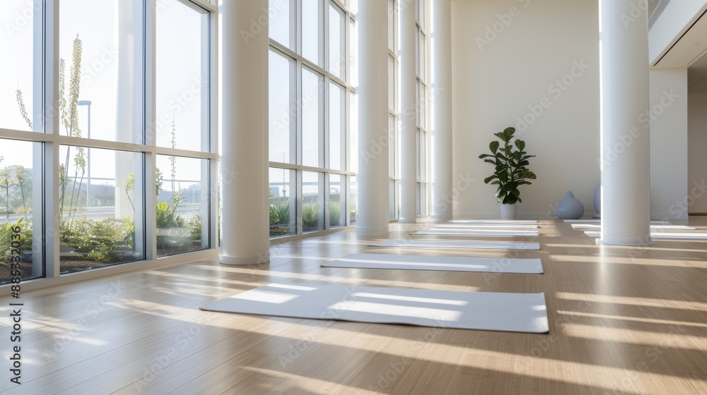 Fototapeta premium A serene and spacious yoga studio featuring several white mats, bathed in natural light streaming through large windows and adorned with minimalistic decor.