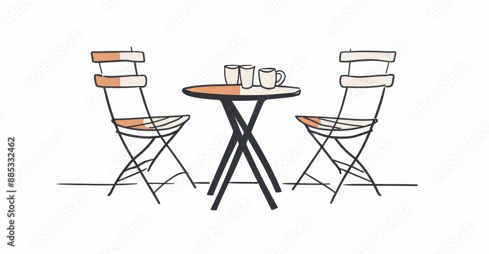 Fototapeta premium This PNG image shows a continuous line drawing of a table and chairs at a street cafe - the background is transparent