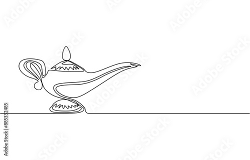 Continuous line design of aladdin magic teapot. Decorative elements drawn on a white background, gin lamp one line vector design flat vector icon, vintage aladin teapot continuous line on white.