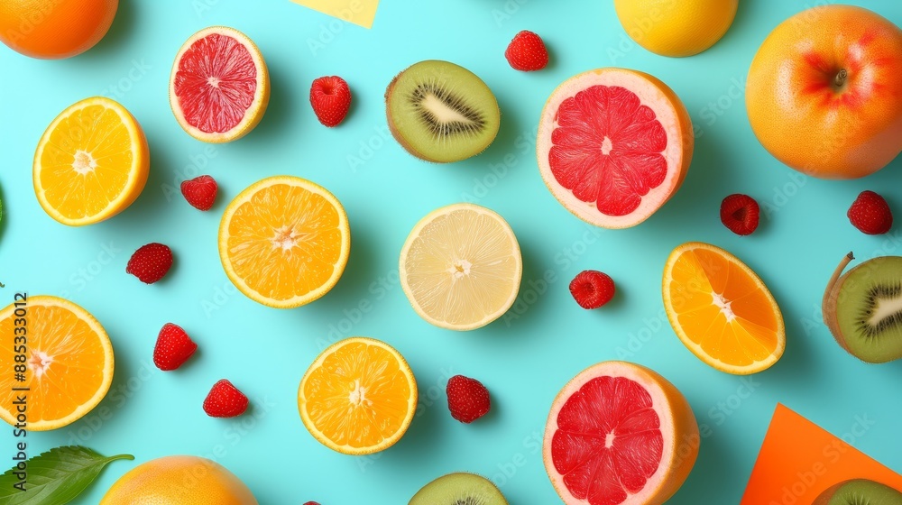 A flat lay of fruit laid out on a brightly colored background in a minimalistic style AI generated illustration A flat lay of fruit laid out on a brightly colored background in a minimalistic style AI generated illustration
