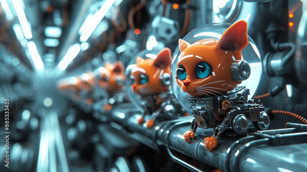 Fototapeta premium A futuristic 3D background with quirky robo-kittens AI generated illustration