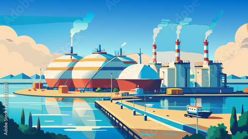 Liquefied Natural Gas (LNG) storage tanks at harbour boat on the sea view of the city from the river refinery at night