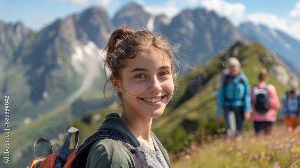 Angry teenage girl posing at a mountain top on a summer weekend with her family in the background. Adolescence and family concept. Angry teenage girl posing at a mountain top on a summer weekend with her family in the background. Adolescence and family concept.