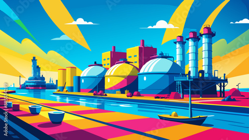 Liquefied Natural Gas (LNG) storage tanks at harbour boat on the sea view of the city from the river refinery at night