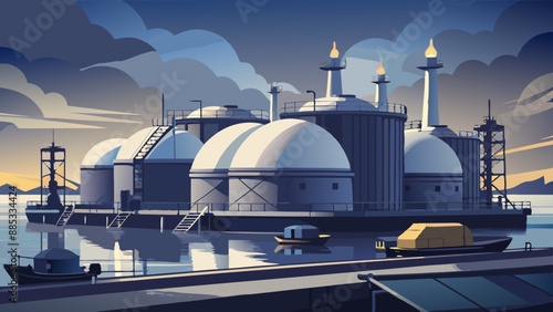 Liquefied Natural Gas (LNG) storage tanks at harbour boat on the sea view of the city from the river refinery at night