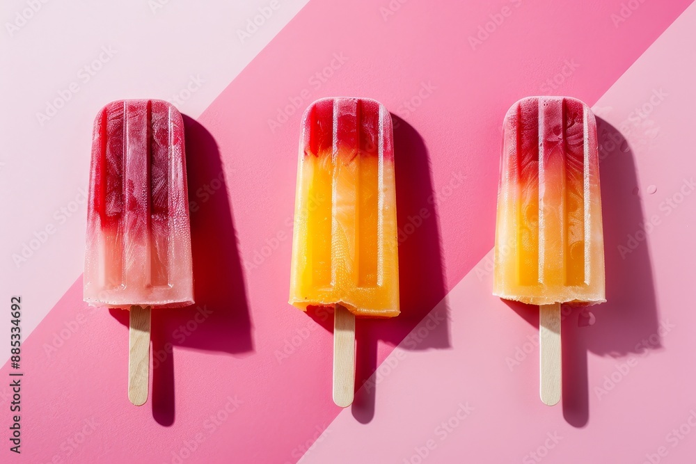 Various colors of ice cream on a pink and white background. Summer concept. A higher vantage point. Various colors of ice cream on a pink and white background. Summer concept. A higher vantage point.