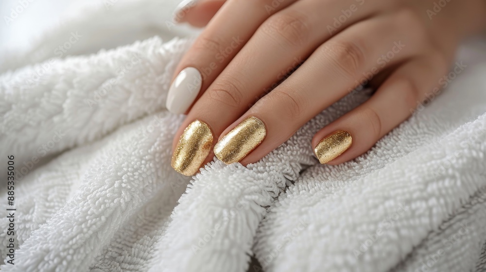A hand resting on a towel showing a gold spa manicure AI generated illustration A hand resting on a towel showing a gold spa manicure AI generated illustration