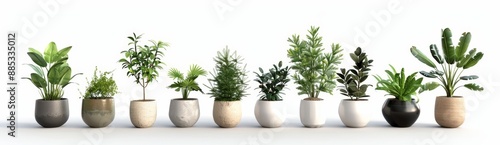 A collection of beautiful plants in ceramic pots isolated on a transparent background.