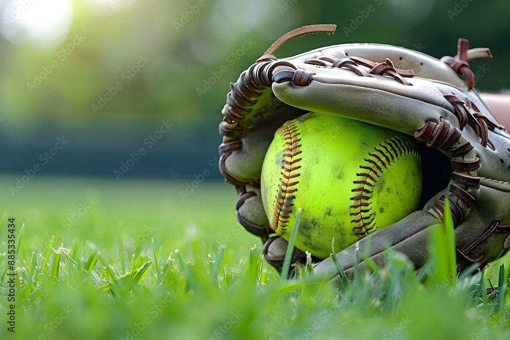 Softball Glove and Ball Resting on Grass Softball Glove and Ball Resting on Grass