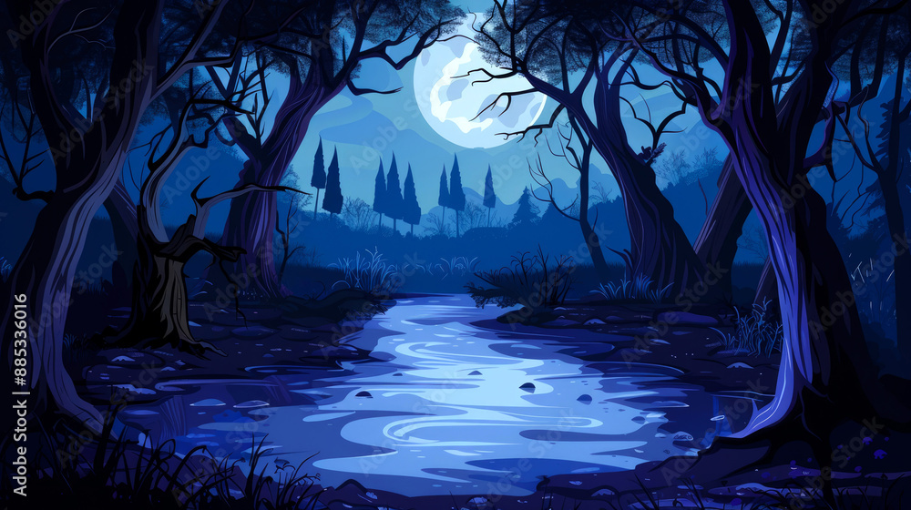 Fototapeta premium illustration art horror river in forest on night