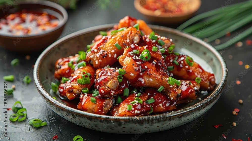 Chicken Wings with Sweet and Sour Sauce Sprinkled with Green Onion Pieces on Plate, High Resolution, Hyper Realistic Photography
Chicken Wings with Sweet and Sour Sauce Sprinkled with Green Onion Pieces on Plate, High Resolution, Hyper Realistic Photography