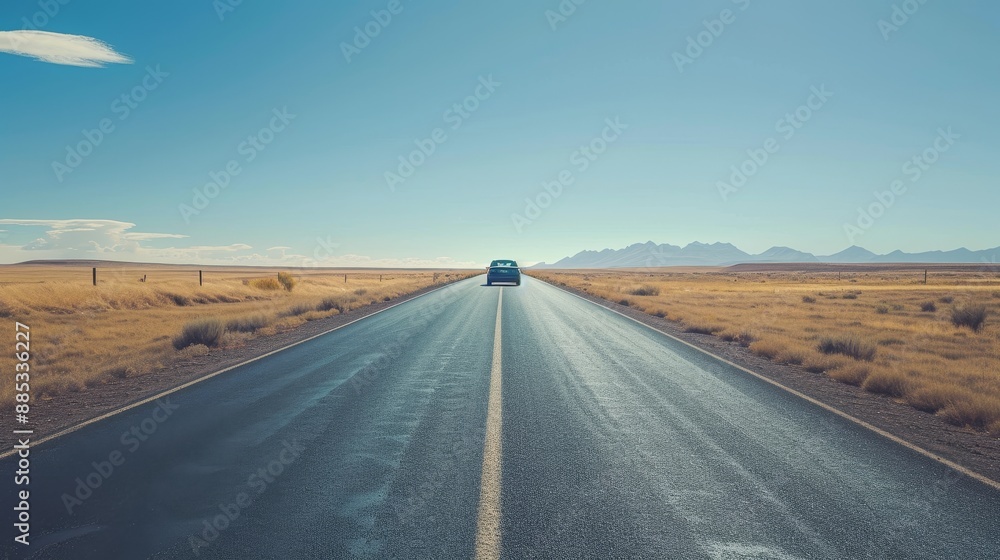 Fototapeta premium A lone car traveling down an open road disappearing into the horizon AI generated illustration