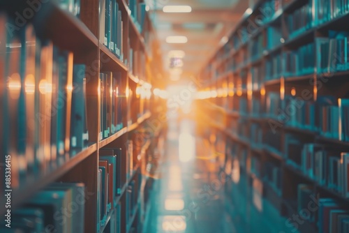 A blurred background of a public library, a bookshelf full of books, and the concept of education. Stock image © Bundi