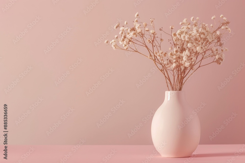 The arrangement of pink dry flowers on a white table is complemented by a pink wall background. The arrangement of pink dry flowers on a white table is complemented by a pink wall background.