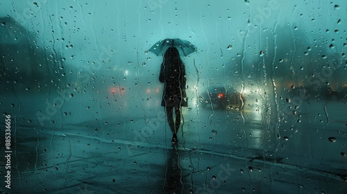 A breathtaking and detailed photo of a lone figure standing at a window, watching the rain cascade down the glass photo