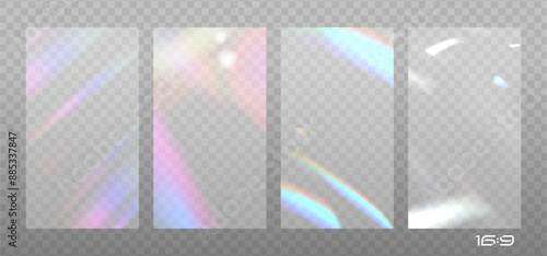 Set of 16x9 overlays with colourful lens, crystal rainbow light and flare transparent effects. Triangular prism concept. Vector illustration. Rainbow light rays, lens flare, glass reflection effect
