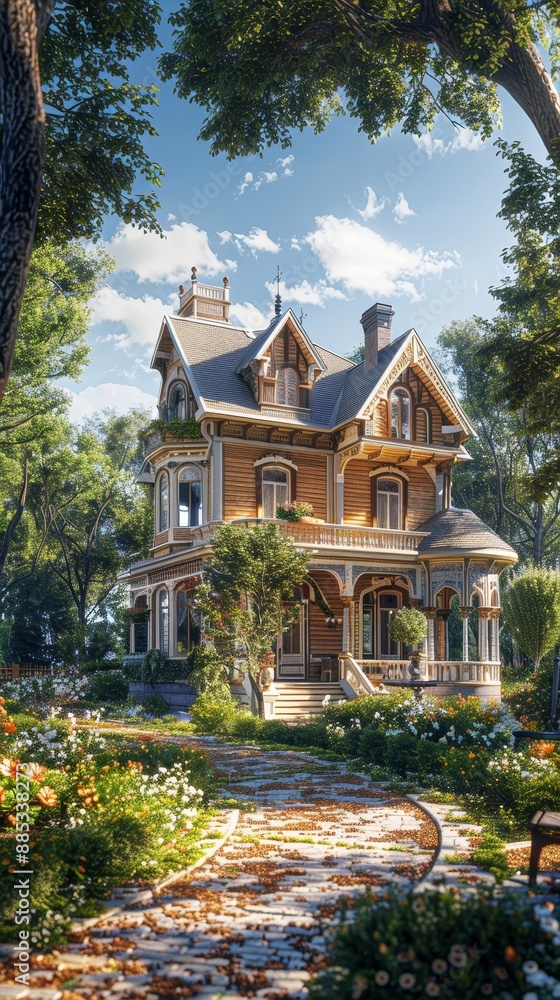 Charming Victorian house surrounded by lush garden and trees, with a clear blue sky overhead. A tranquil, picturesque scene in sunny weather. Charming Victorian house surrounded by lush garden and trees, with a clear blue sky overhead. A tranquil, picturesque scene in sunny weather.