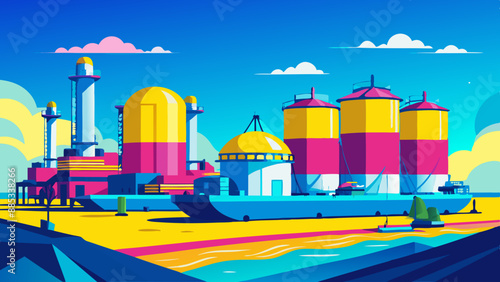 Liquefied Natural Gas (LNG) storage tanks at harbour boat on the sea view of the city from the river refinery at night