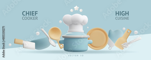 Horizontal banner with 3d kitchen equipment and text.