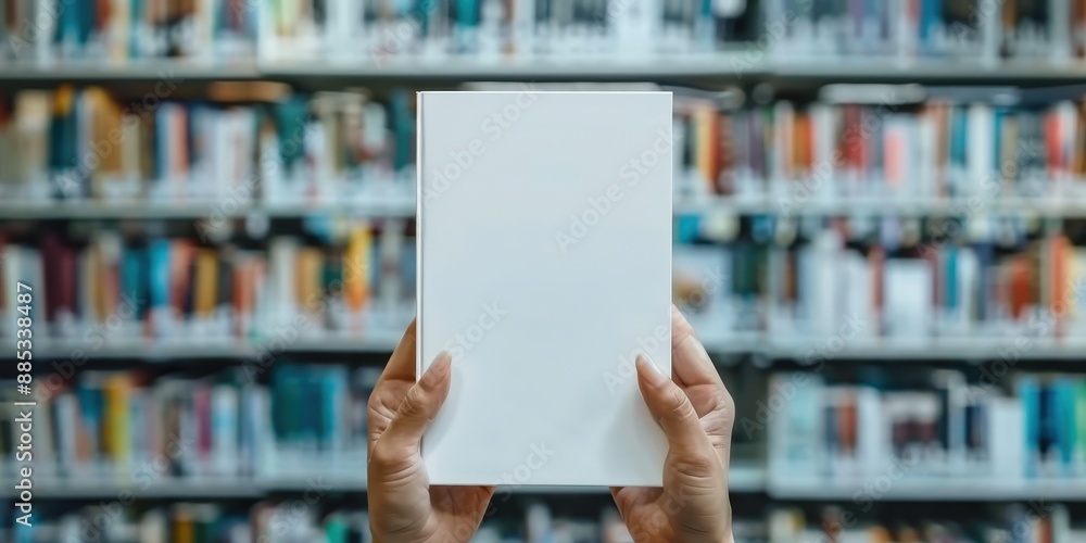 Blank Book Cover In Front of Bookshelf Blank Book Cover In Front of Bookshelf