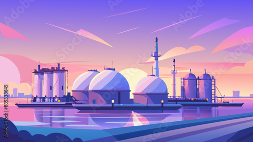 Liquefied Natural Gas (LNG) storage tanks at harbour boat on the sea view of the city from the river refinery at night