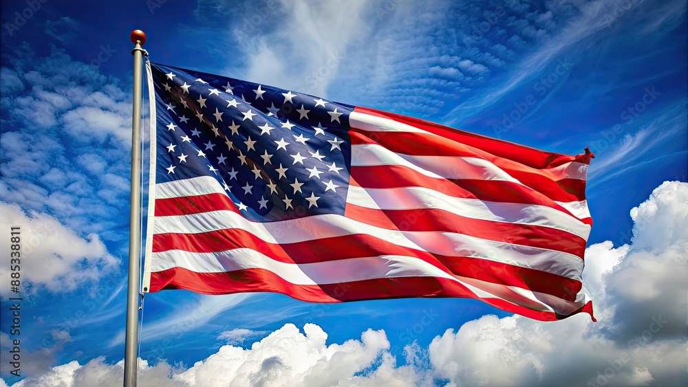Obraz premium Photo of American flag waving in the wind on Memorial Day, memorial, day, flag, American, patriotic, pride, remembrance, tribute, symbol