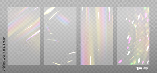 Rainbow highlights set on a light background. Glare or reflection from water and glass in 16x9 size. Glittering particles for social media backgrounds, product presentations, photo shots. Vector
