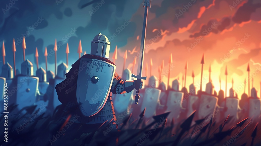 Medieval knights in armor prepare for battle with shields and swords ...