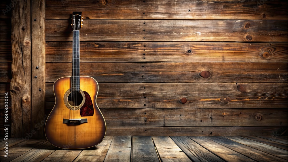 Old country music guitar leaning in rustic wooden room, country, music, guitar, vintage, acoustic, instrument, rustic, wooden