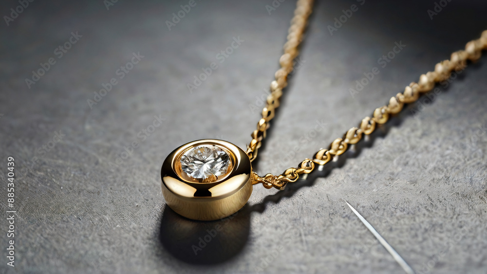 A gold necklace with a single diamond pendant on a grey background. A gold necklace with a single diamond pendant on a grey background.