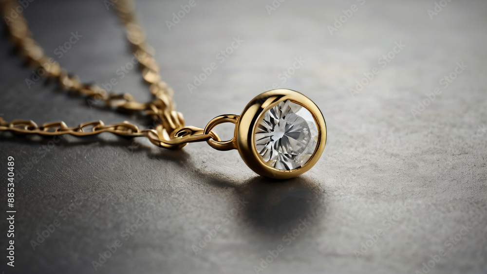 A gold necklace with a single diamond pendant on a grey background. A gold necklace with a single diamond pendant on a grey background.